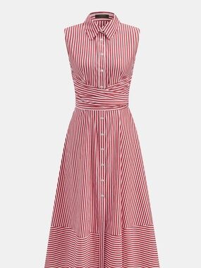 Commense Striped Collard Sleeveless Tie Waist Midi Red and White  Dress - Medium